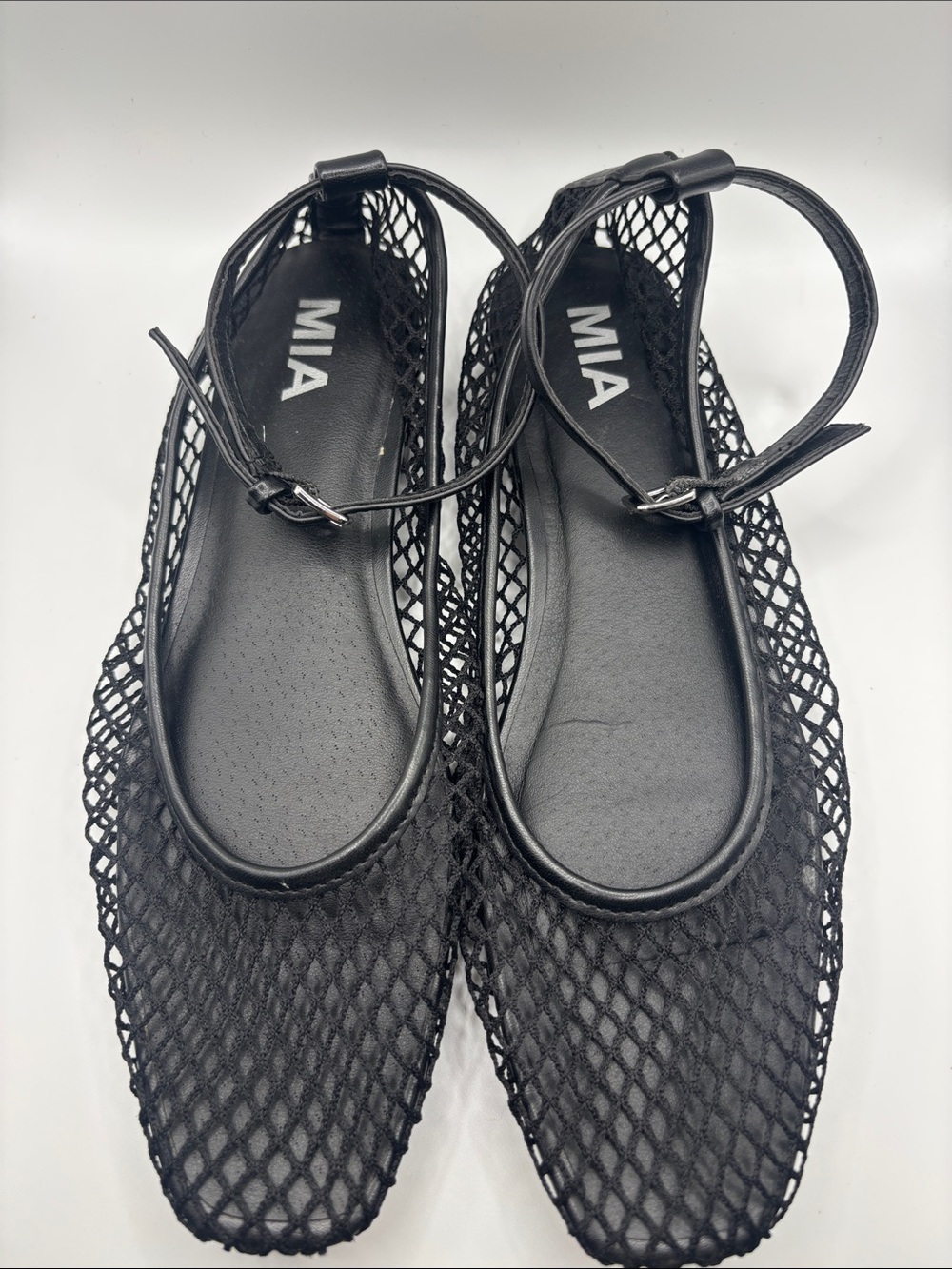 MIA Black Mesh Square Toe Ankle-Strap Ballet Flats